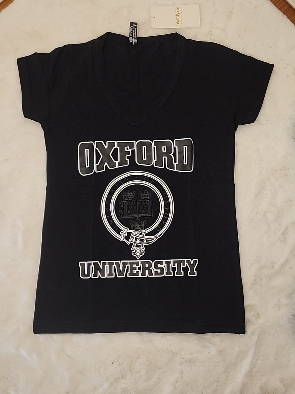 Women's Basic Black V-Neck T-Shirt, Graphic Logo, Short Sleeves, Size Small NWT